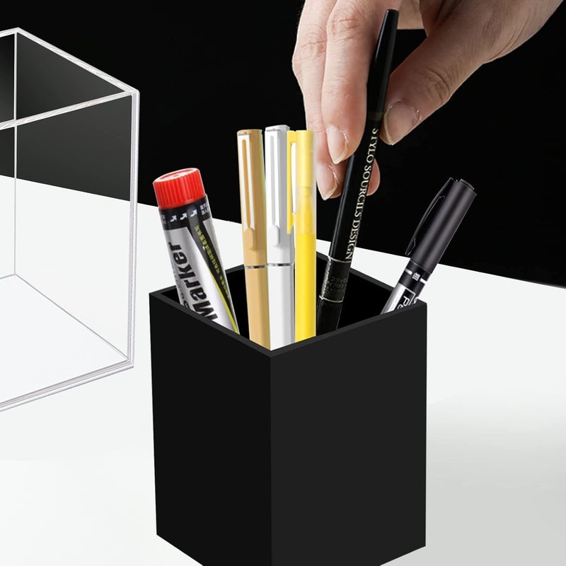 Ptaedex 2 Pack Acrylic Pen Pencil Holder, Black Makeup Brush Holder Cup Storage Office Desktop Desk Table Stationery Organizer - Image 2